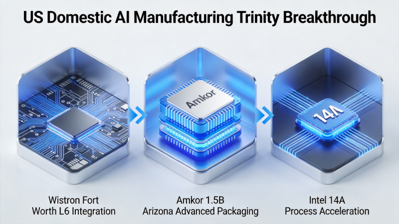 美国本土AI制造三位一体突破：Wistron Fort Worth L6级集成 + Amkor $1.5B Arizona先进封装 + Intel 14A工艺提速